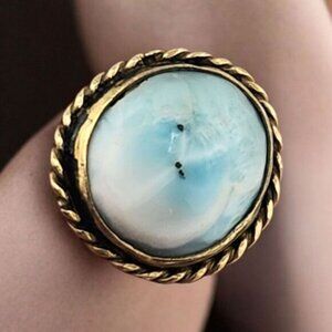 Larimar Size 6 Ring Ocean Sky Blue Cabochon Vintage Sterling Silver Rope Edging